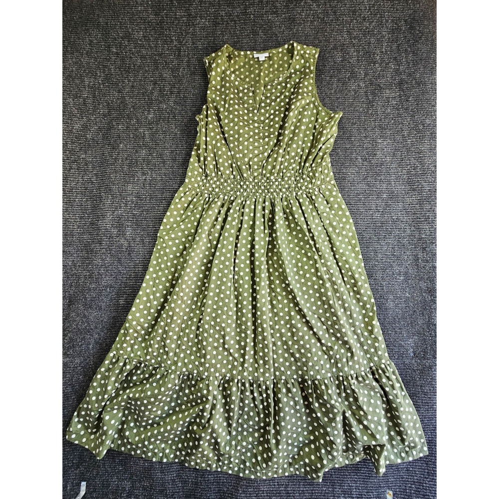 J.Jill Carefree Midi Dress Women Large Green Polka Dot Cotton Smocked Sleeveless